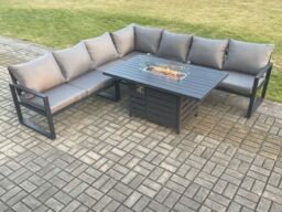 Fimous Aluminium 6 Pieces Garden Furniture Corner Sofa Set with Cushions Gas Fire Pit Dining Table Set Gas Heater Burner Dark Grey - thumbnail 1