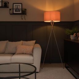 ValueLights Camden Brushed Chrome Tripod Floor Lamp with Pink Drum Lamp Shade in Dusty Pink - thumbnail 5