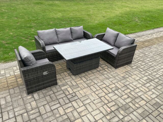 Fimous Outdoor Rattan Furniture Garden Dining Set Patio Height Adjustable Rising lifting Table with 3 Seater Sofa Reclining Chair Love Sofa - image 1