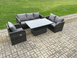 Fimous Outdoor Rattan Furniture Garden Dining Set Patio Height Adjustable Rising lifting Table with 3 Seater Sofa Reclining Chair Love Sofa - thumbnail 2