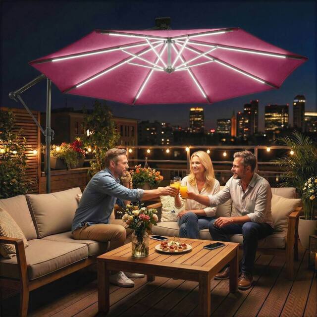 OUTSUNNY 3 m Garden Cantilever Parasol with Solar Light, Rotation in Red - Size: 3m x 3m - image 1