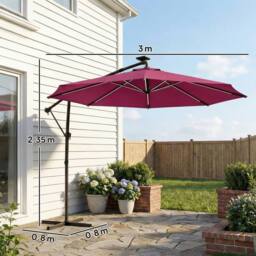 OUTSUNNY 3 m Garden Cantilever Parasol with Solar Light, Rotation in Red - Size: 3m x 3m - thumbnail 3