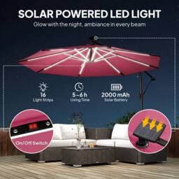 OUTSUNNY 3 m Garden Cantilever Parasol with Solar Light, Rotation in Red - Size: 3m x 3m - thumbnail 4