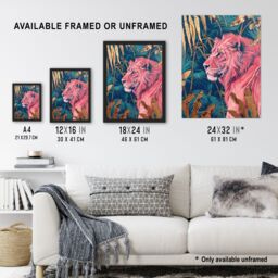"Artery8 Regal Pink Lion in Teal Blue Gold Tropical Jungle Wall Art Print - Size: W24"" x H32""" - thumbnail 3
