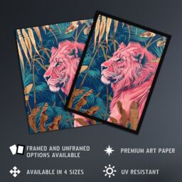 "Artery8 Regal Pink Lion in Teal Blue Gold Tropical Jungle Wall Art Print - Size: W24"" x H32""" - thumbnail 2