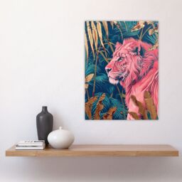 "Artery8 Regal Pink Lion in Teal Blue Gold Tropical Jungle Wall Art Print - Size: W24"" x H32""" - thumbnail 4