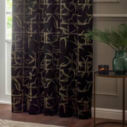 Paoletti Bamboo Fully Lined Jacquard Eyelet Curtain Pair in Black - Size: 229 cm width x 183 cm drop - thumbnail 4