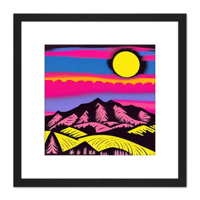 Artery8 Mountain Forest Landscape Sunrise Vibrant Pop Art Blue Pink Yellow Stencil Illustration Square Wooden Framed Wall Art Print Picture 8X8 Inch - image 1