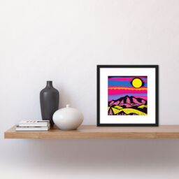 Artery8 Mountain Forest Landscape Sunrise Vibrant Pop Art Blue Pink Yellow Stencil Illustration Square Wooden Framed Wall Art Print Picture 8X8 Inch - thumbnail 2