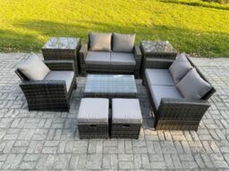 Fimous Rattan Garden Furniture Set 7 Seater Patio Outdoor Lounge Sofa Chair Set with Rectangular Coffee Table 2 Small Footstools 2 Side Tables - thumbnail 1