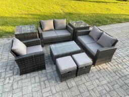 Fimous Rattan Garden Furniture Set 7 Seater Patio Outdoor Lounge Sofa Chair Set with Rectangular Coffee Table 2 Small Footstools 2 Side Tables - thumbnail 2