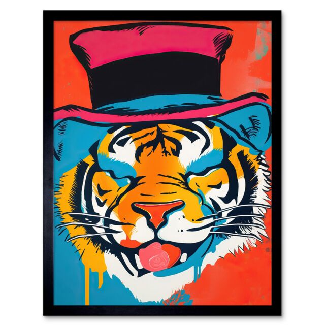 "Artery8 Wall Art Print Tiger Head Wearing Pink Top Hat Modern Pop Art Framed in Black - Size: W12"" x H16""" - image 1