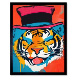 "Artery8 Wall Art Print Tiger Head Wearing Pink Top Hat Modern Pop Art Framed in Black - Size: W12"" x H16""" - thumbnail 1