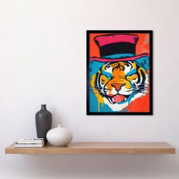 "Artery8 Wall Art Print Tiger Head Wearing Pink Top Hat Modern Pop Art Framed in Black - Size: W12"" x H16""" - thumbnail 2
