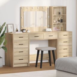 Berkfield Home 3-Piece Dressing Table Set with LED in Sonoma Oak Engineered Wood in Brown - thumbnail 1