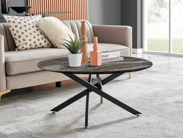 FurnitureboxUK Novara Round Marble Effect Glass Top Coffee Table With Black Metal Starburst Legs in Grey - image 1