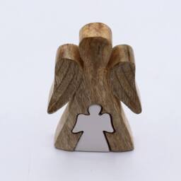 Serenityy Mango Wood Embracing Angels Figurine - White Enamel - thumbnail 1