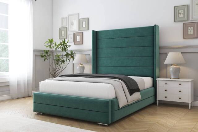 "Comfort Beds Milano Plush Bed Frame - 50"" Upholstered Wingback Headboard in Emerald - Size: Small Double" - image 1