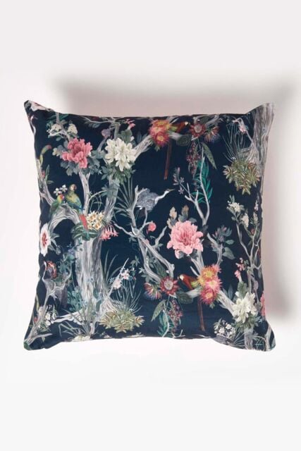 Homescapes Floral Garden Parrot Filled Velvet Cushion 46 x 46 cm in Navy - image 1