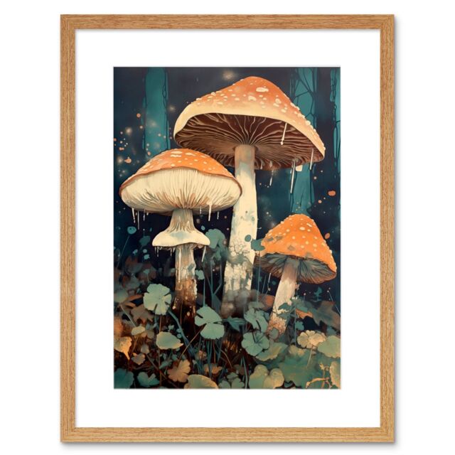 "Artery8 Wall Art Print Mushroom Fungi Watercolour Painting Magical Forest Pastel Clover Field Kitchen Artwork Framed 9X7 Inch - Size: W7"" x H9""" - image 1