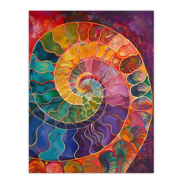 "Artery8 Ammonite Shell Fossil Rainbow Pattern Painting Wall Art Print - Size: W12"" x H16""" - image 1
