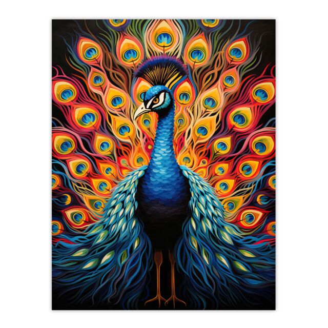 Artery8 Peacock Bird With Bright Vivid Feathers Yellow Red Blue Bold Portrait Artwork Large Wall Unframed Art Poster Print Thick Paper 18X24 Inch - image 1