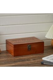 Living and Home Vintage Wooden Storage Box with Hinged Lid and Lock Clasp in Brown - thumbnail 4