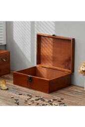 Living and Home Vintage Wooden Storage Box with Hinged Lid and Lock Clasp in Brown