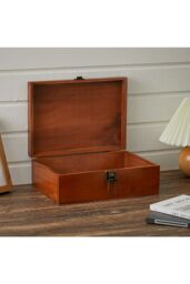 Living and Home Vintage Wooden Storage Box with Hinged Lid and Lock Clasp in Brown - thumbnail 3