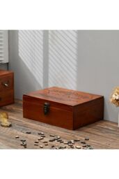 Living and Home Vintage Wooden Storage Box with Hinged Lid and Lock Clasp in Brown - thumbnail 2
