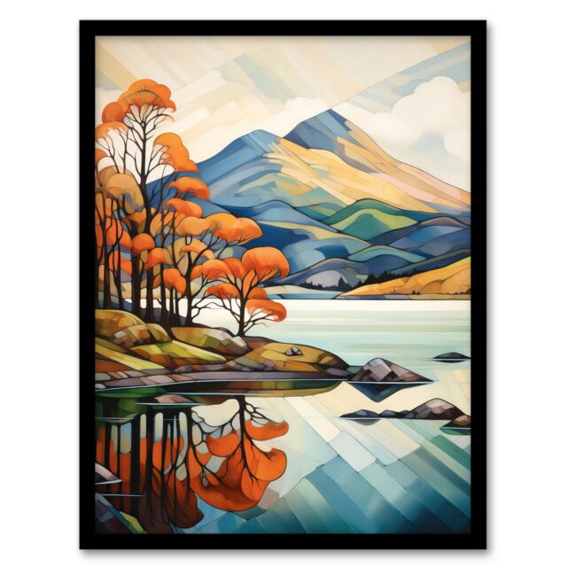 Artery8 Wall Art Print In The Shadow Of Ben Lomond Loch Reflections Autumn Scotland Artwork Painting Art Framed in Black - Size: A4 - image 1