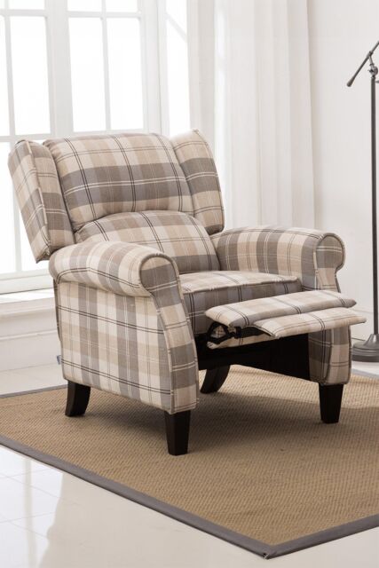 More4Homes Eaton Wing Back Fireside Checkered Fabric Pushback Recliner Chair in Beige - image 1