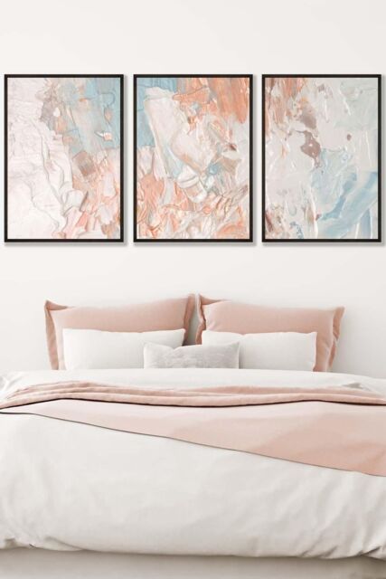 ARTZE Set of 3 Black Framed Abstract Oil in Pastel Blue Ivory & Peach Wall Art - Size: W33 cm x H45 cm x D20mm - image 1