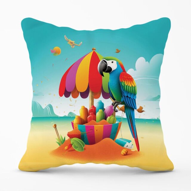 Warren Reed - Designer Parrot On A Beach Holiday Outdoor Cushion in Yellow - Size: 45 cm x 45 cm - image 1