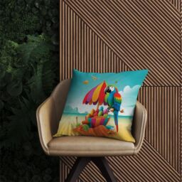Warren Reed - Designer Parrot On A Beach Holiday Outdoor Cushion in Yellow - Size: 45 cm x 45 cm - thumbnail 2