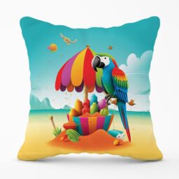 Warren Reed - Designer Parrot On A Beach Holiday Outdoor Cushion in Yellow - Size: 45 cm x 45 cm - thumbnail 1