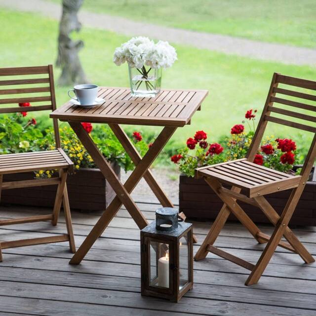 Wyld and Coco 3-Piece Folding Acacia Wood Bistro Set Slatted Design in Brown - image 1