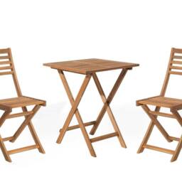 Wyld and Coco 3-Piece Folding Acacia Wood Bistro Set Slatted Design in Brown - thumbnail 2
