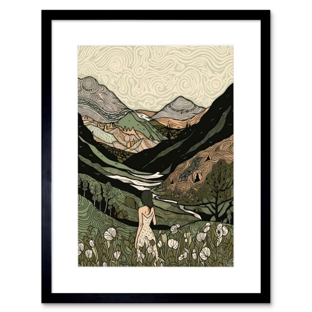 "Artery8 Wall Art Print Woman in Flower Field in Scottish Hill Landscape Artwork Framed 9X7 Inch in Black - Size: W7"" x H9""" - image 1