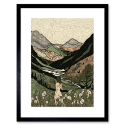 "Artery8 Wall Art Print Woman in Flower Field in Scottish Hill Landscape Artwork Framed 9X7 Inch in Black - Size: W7"" x H9""" - thumbnail 1