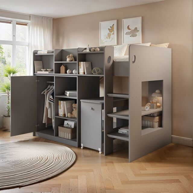Flair Wizard Mid High Sleeper Workstation in Grey - Size: Single - image 1