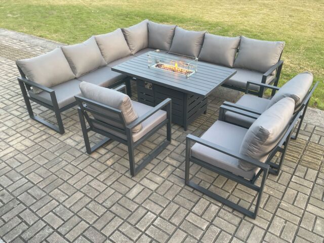 Fimous Aluminium 9 Pieces Garden Furniture Corner Sofa Set with Cushions Gas Fire Pit Dining Table Set Gas Heater Burner Dark Grey