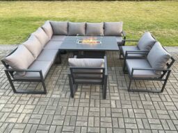 Fimous Aluminium 9 Pieces Garden Furniture Corner Sofa Set with Cushions Gas Fire Pit Dining Table Set Gas Heater Burner Dark Grey - thumbnail 2