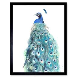 "Artery8 Peacock feathers Watercolour Home Decor 12x16"" Framed Wall Art in Blue - Size: W12"" x H16""" - thumbnail 1