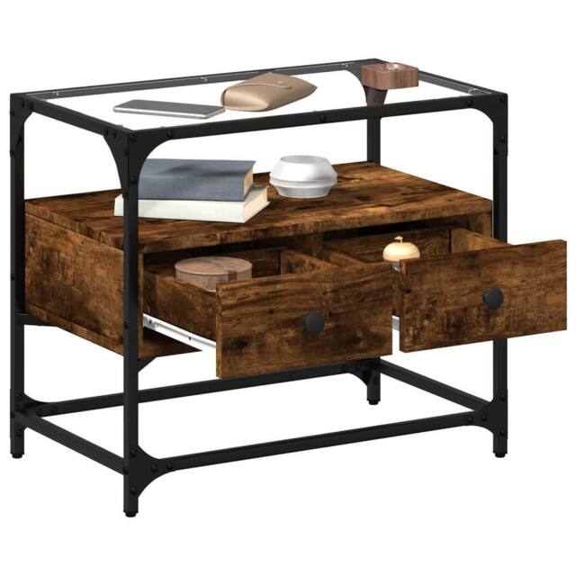 Berkfield Home TV Cabinet with Glass Top Smoked Oak 60x35x51 cm Engineered Wood in Brown - Size: 60 x 35 x 51 cm - image 1