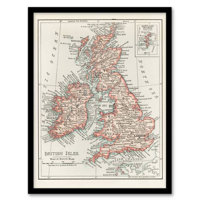 "Artery8 1900 British Isles Map Rand Mcnally Vintage Framed Wall Art Print in White - Size: W12"" x H16""" - image 1