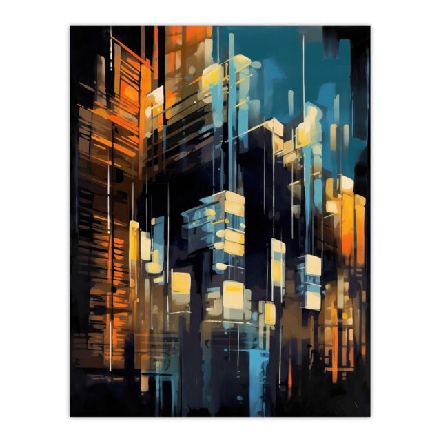 Artery8 Downtown Motown Skyscraper Architectural Blue Orange Painting Modern New York Large Wall Art Poster Print Thick Paper 18X24 Inch - image 1