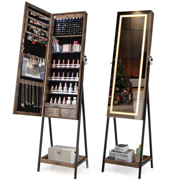 Costway LED Standing Jewelry Mirror Cabinet Lockable Jewelry Armoire w/ 3-Color Lighted Mirror in Brown