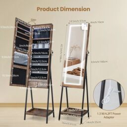 Costway LED Standing Jewelry Mirror Cabinet Lockable Jewelry Armoire w/ 3-Color Lighted Mirror in Brown - thumbnail 2