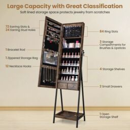 Costway LED Standing Jewelry Mirror Cabinet Lockable Jewelry Armoire w/ 3-Color Lighted Mirror in Brown - thumbnail 5